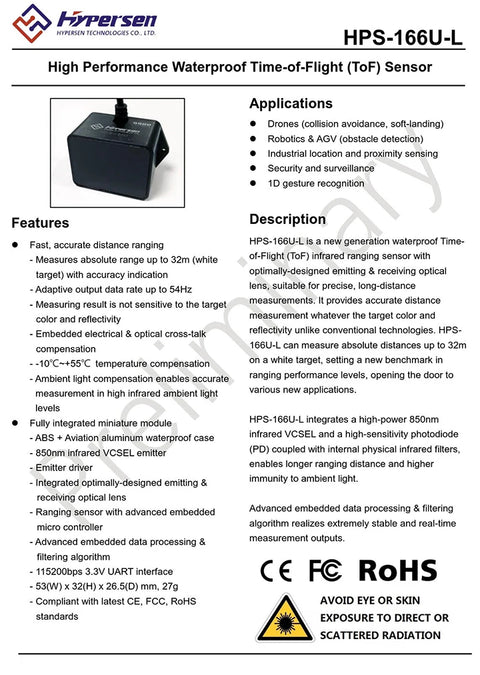 Laser Infrared Ranging Obstacle Avoidance ToF Time of Flight Measuring Sensor Transducer Hypersen HPS-166U-L 32m lidar