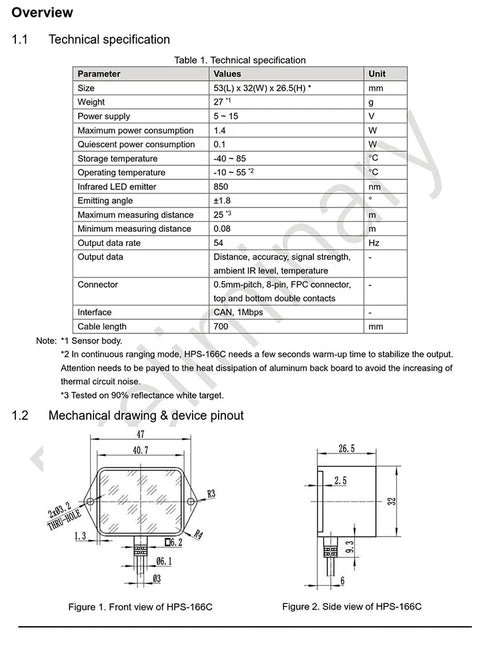 ToF Time of Flight Measuring Sensor Transducer Hypersen HPS-166C AGV 25m lidar Laser Infrared Ranging Obstacle Avoidance