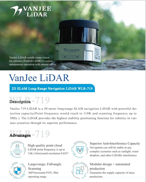 VanJee WLR-719 high-precision 50m 360° 30Hz 2D LiDAR for RGV and AGV navigation obstacle avoidance